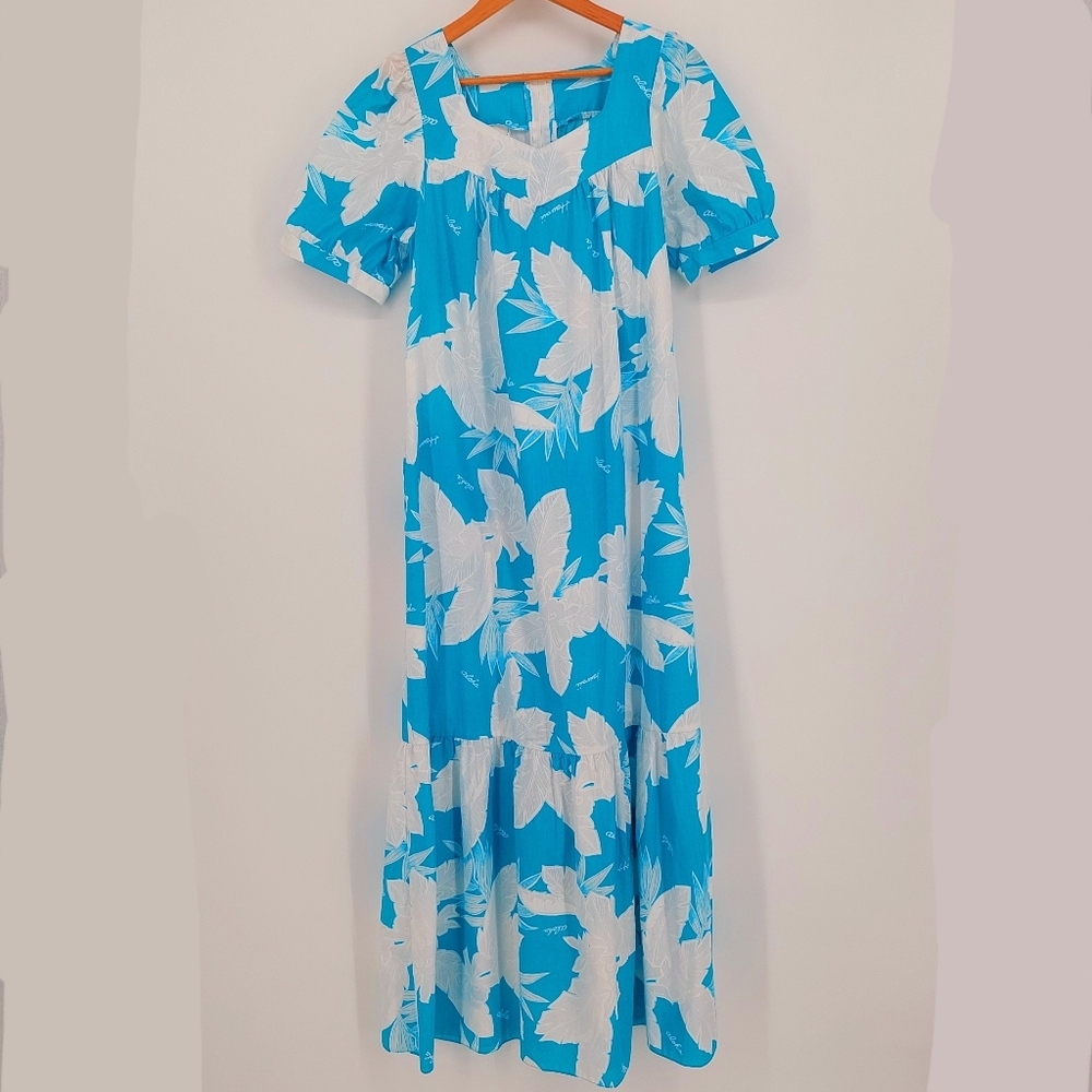 Aloha Hawaiian Fashions Aqua Blue Floral Short Sleeve Maxi Dress, Sz S